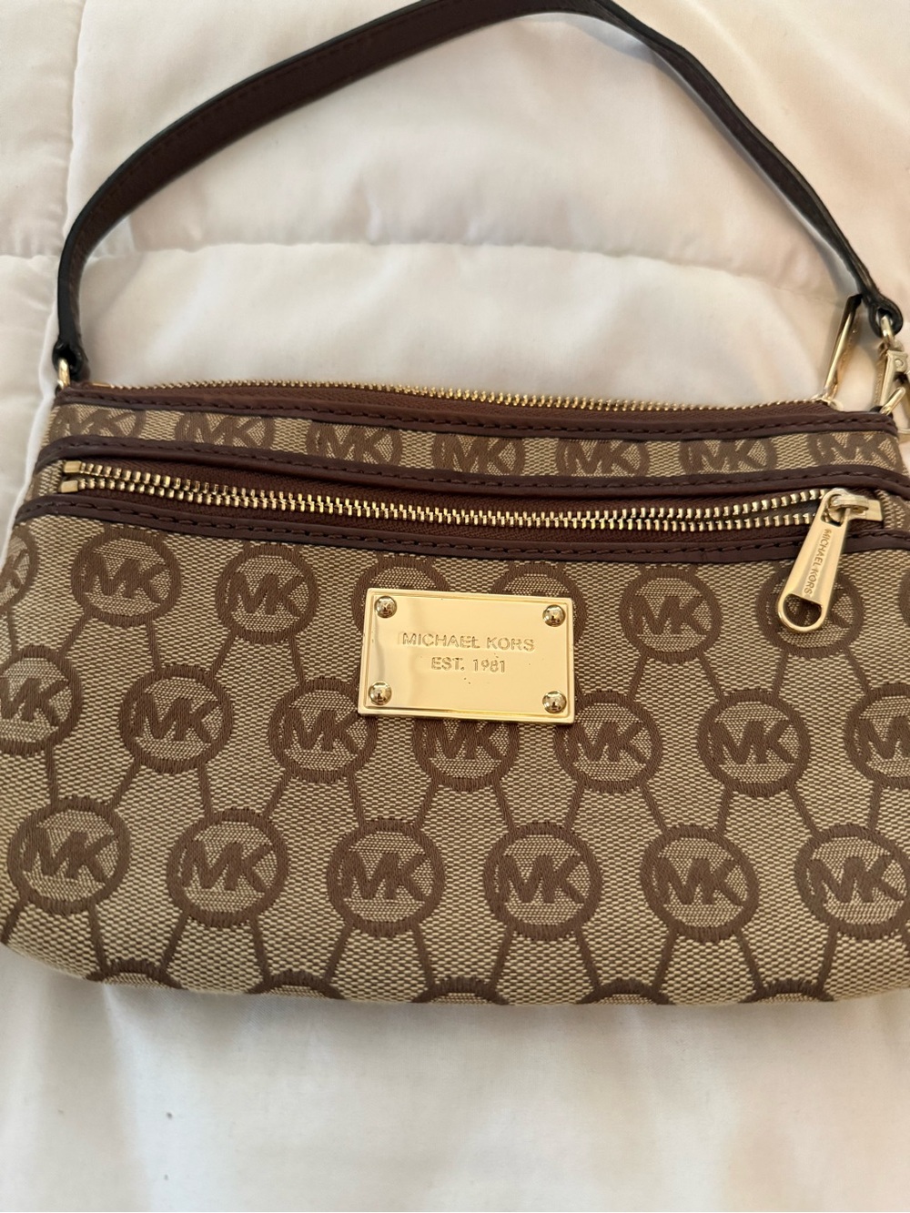 Michael Kors Beige & Brown Logo Mini Wristlet with Gold Hardware